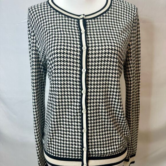 Talbots Cardigan Top Women Medium Black Houndstooth Plaid Cotton Career Casual - Picture 3 of 11